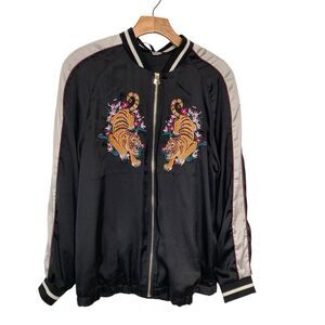 H&M Divided Size 8 Embroidered Tiger Baseball Bomber Jacket Black White Striped